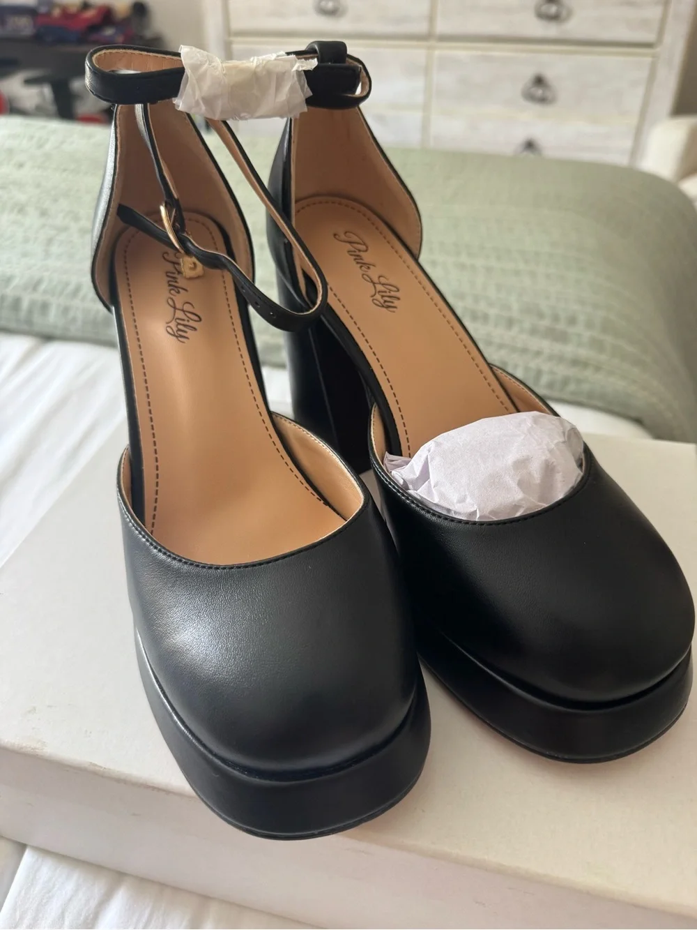 Pink Lily Black Ankle-Strap Platform Heels